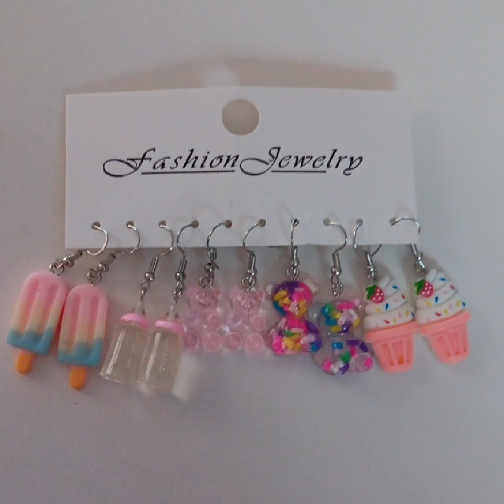 5 Pairs Girly Cute Pink Popsicle, Cupcake & Charm Earring Set